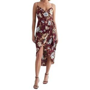 Express Size M Floral Burgundy Satin Midi Dress Cowl Neck Hi-Lo Beachy Whimsy